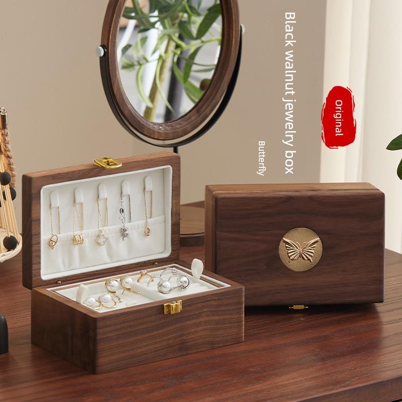 黑胡桃实木首饰盒收纳盒高端精致覆古珠宝项炼戒指订婚结婚礼物