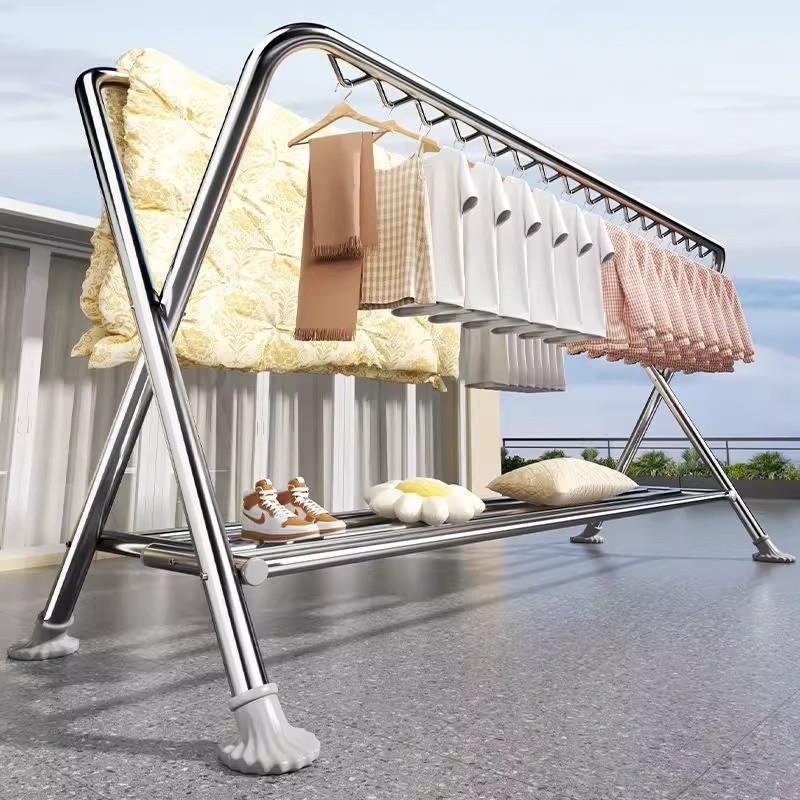 钢管晾衣架折叠落地家用阳台挂衣服室外户外防风双杆晒被子晾衣杆