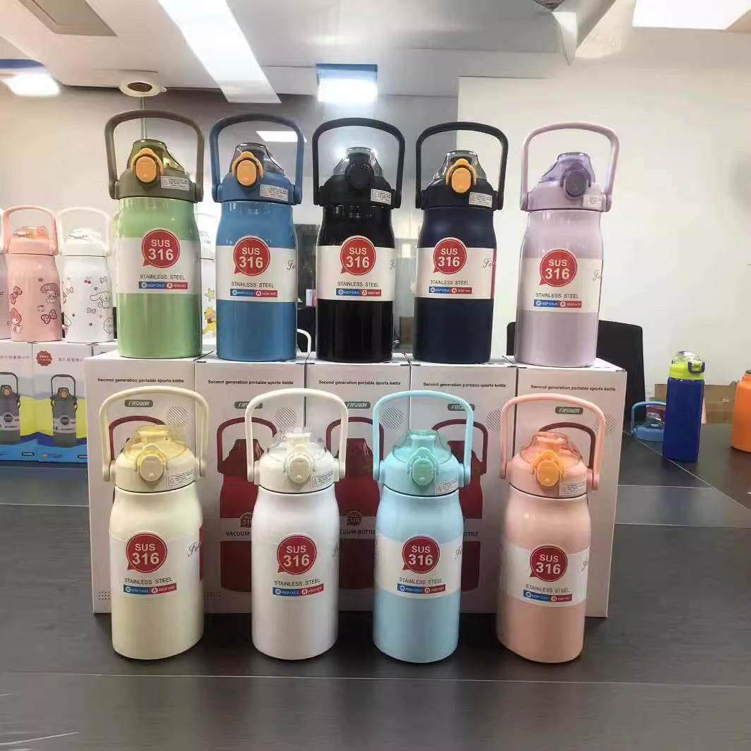 316食品级不锈钢双饮杯 户外运动带吸管水壶式大肚保温杯