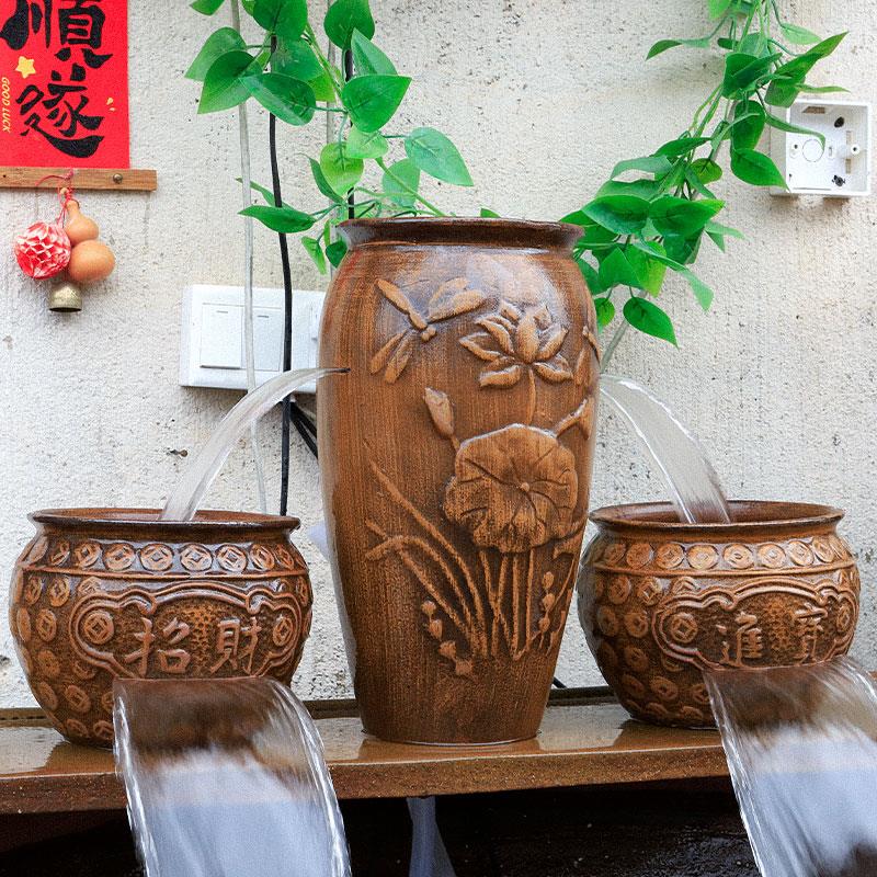 生态循环水养鱼古法鱼缸流水陶罐瀑布全套造景复古过滤器摆件鱼池