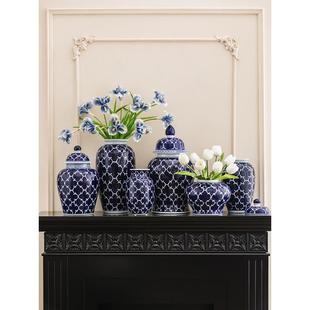 新中式 花瓶陶瓷摆件客厅插花青花瓷瓶花瓶将军罐瓷器玄关桌面摆设