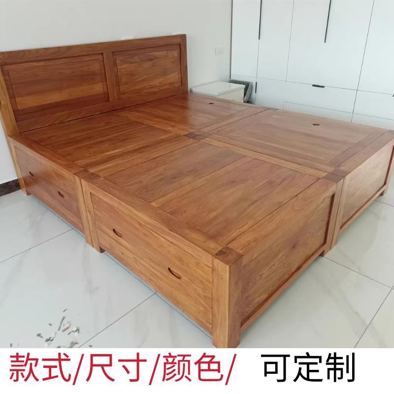 老榆木床榻榻米全实木床储物箱体床中式高箱体床简约卧室双人大床