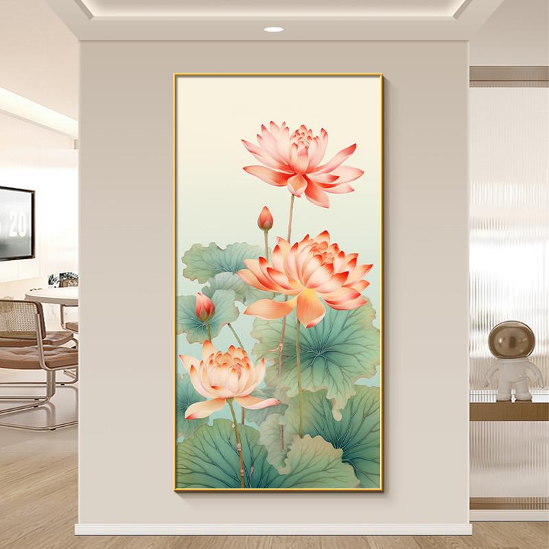 新中式客厅玄关荷花装饰画和气生财过道尽头壁画楼梯间一进门挂画