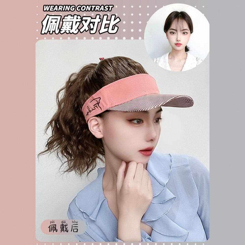 新款直销帽子假发女短发一体时尚空顶橙色千鸟格玉米须夏季自然马