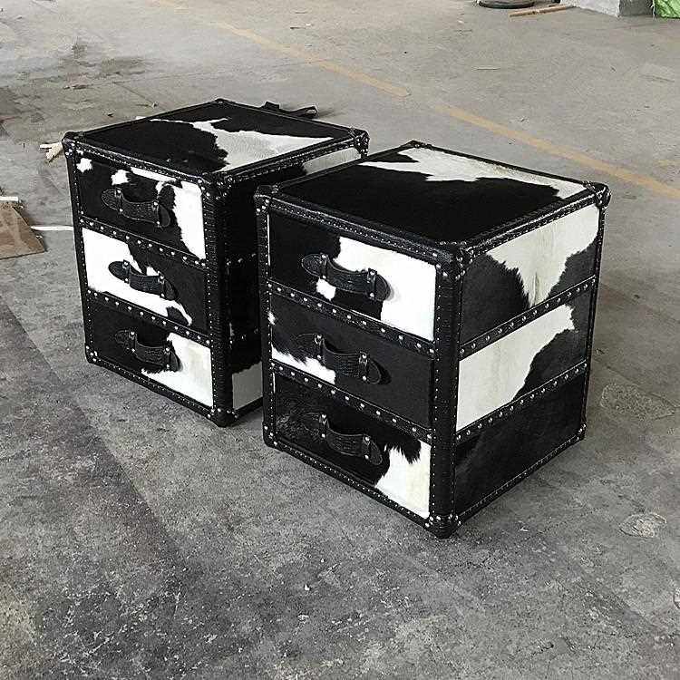 新款直销美式loft工业风头层牛皮复古床头柜奶牛毛皮箱装饰柜沙发