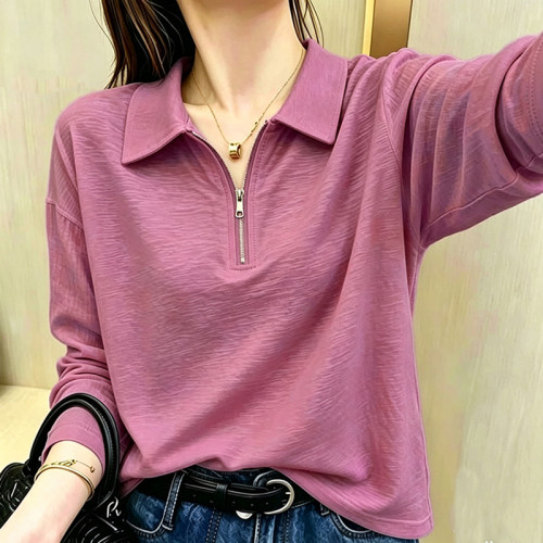 2026新款春秋季长袖t恤女薄款妈妈装polo衫上衣中年女打底衫