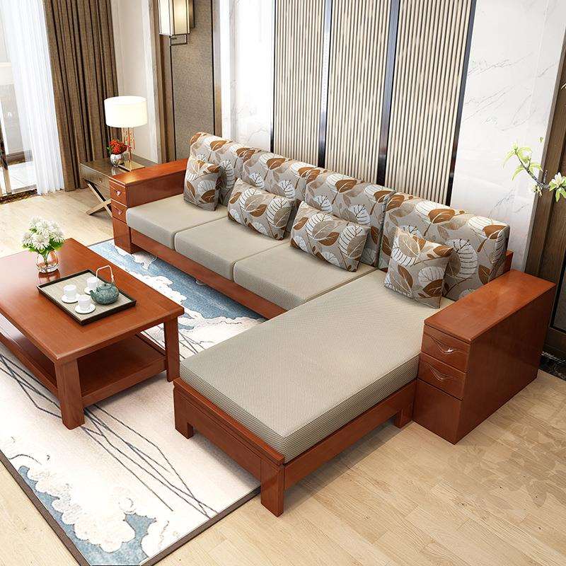 新中式实木沙发组合现代转角客厅整装贵妃木头沙发布艺小户型家具