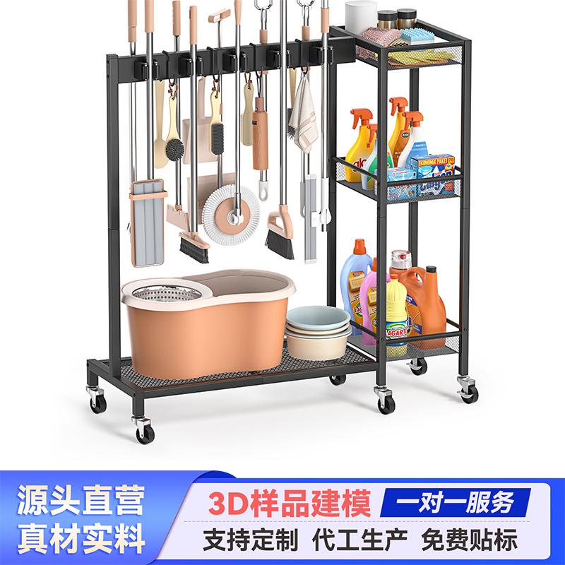 跨境亚马逊清洁工具收纳带轮子庭院拖把扫把车库整理可移动置物架