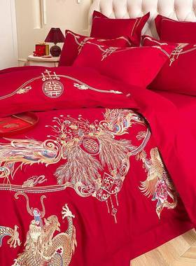 高被档龙凤刺绣结婚四OEN件套红色套棉婚庆床婚上用品大房喜被