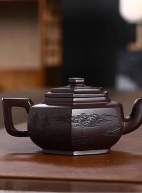 六方雪壶宜兴紫FEQ砂壶华茶紫壶茶具茶道名家纯手工绘方器原矿刻