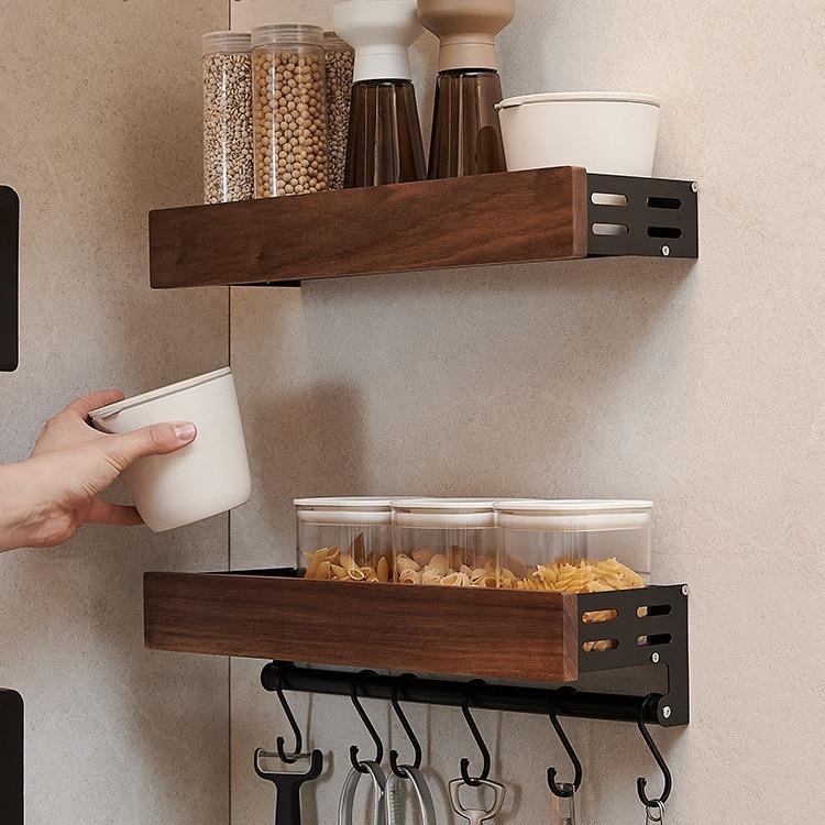 原木厨房物架胡桃木置调纳味油盐罐收FML-6452架子料墙上免打孔壁