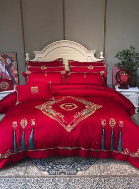 九喜狐庆家婚纺结婚床UKM上用品件婚房布置备婚四红色喜被天赐良