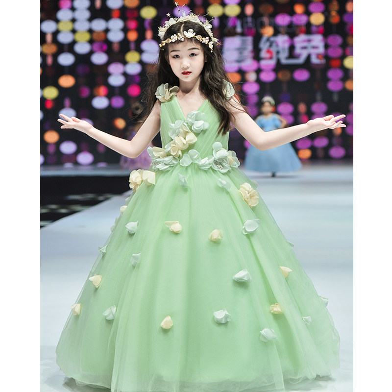 女童礼服绿色森系儿童走秀长裙小女孩舞台演出生日钢琴演奏公主裙