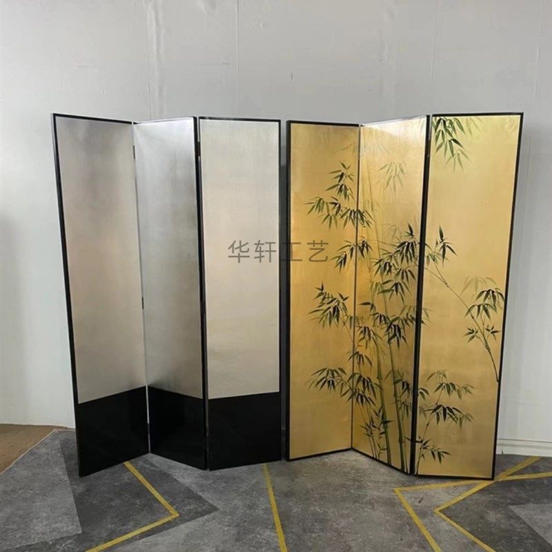 折屏屏风金箔花鸟手绘漆画隔断玄关背景墙客厅沙发卧室移动中式