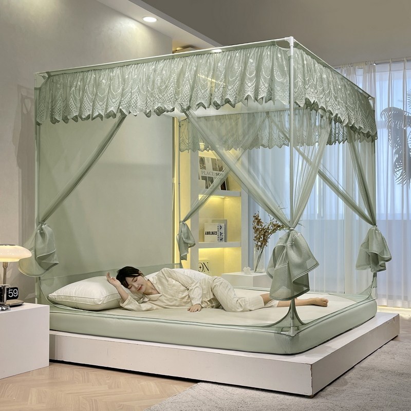 蚊帐2023新款家用宝宝防摔纹帐T型三开门免安装蒙古包回底床笠款