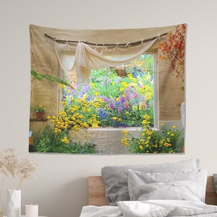 莫奈花园窗户唯美延伸感护眼挂布卧室装 饰布置挂布贴画墙布挂毯