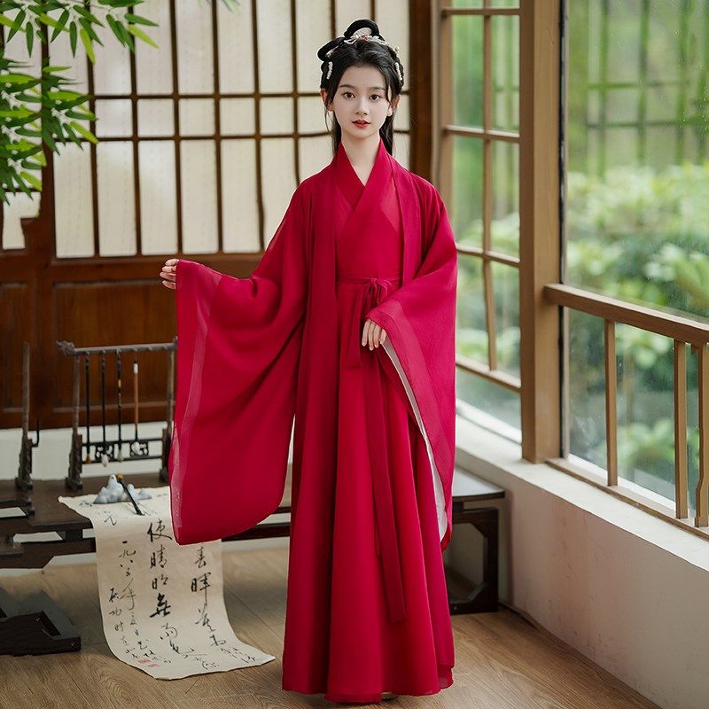 魏晋风南北朝红色汉服女童2024新款夏季古装儿童广袖流仙裙演出服