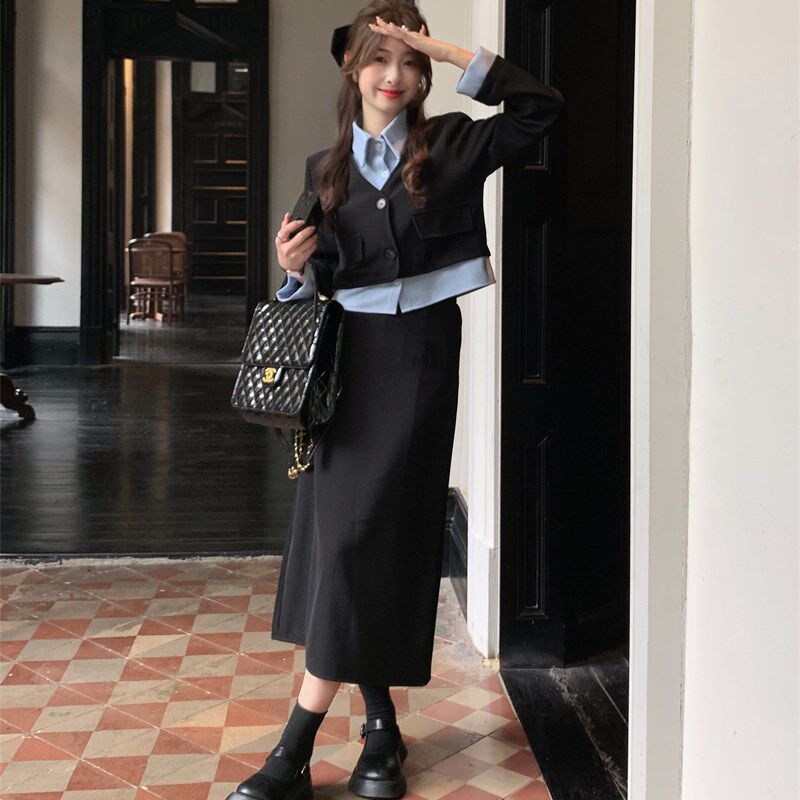 小个子显高套装秋150cm假两件拼接西装外套高腰半身裙两件套xs女