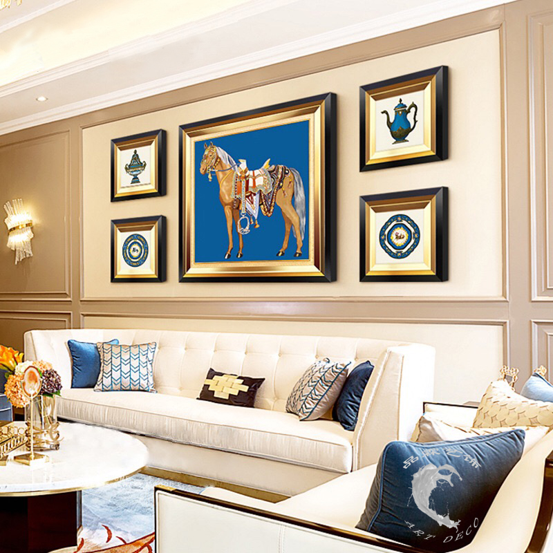 美式马沙发背景墙挂画欧式别墅样板房装饰画客厅玄关餐厅豪华壁画