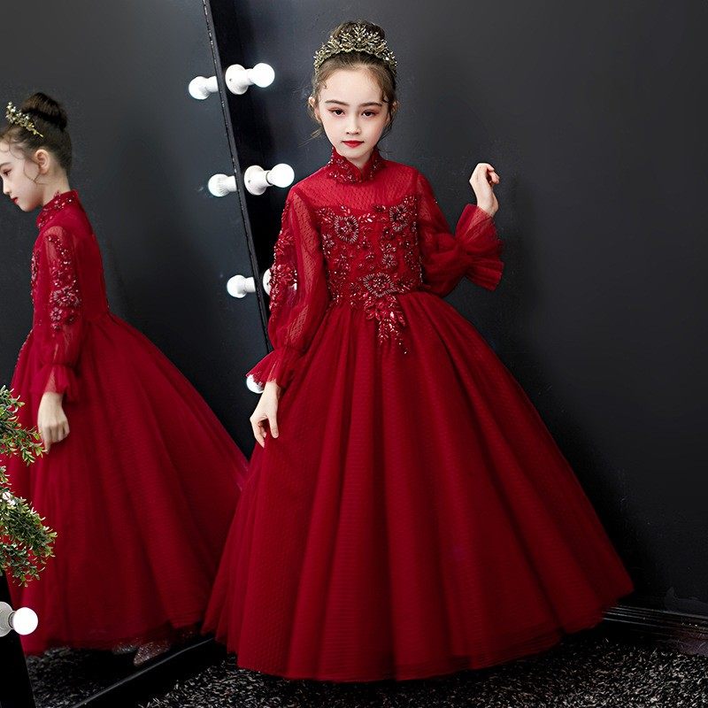 钢琴表演礼服女童蓬蓬公主裙儿童红色连衣裙花童婚纱长裙春秋走秀