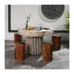 石磨茶盘茶台桌子老磨盘旧石器茶托茶具木架磨片石桌石凳组合摆件