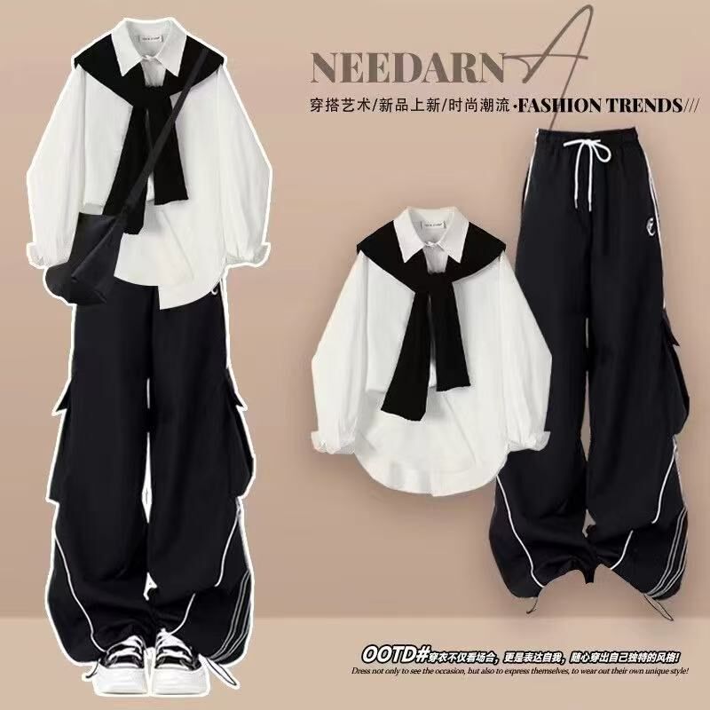 春夏穿搭一整套学院风衬衫披肩套装少女2025超火酷飒工装裤三件套