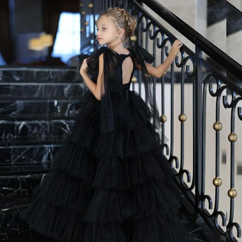 六一儿童晚礼服主持人黑色钢琴演奏服生日气质公主裙女童高端拖尾