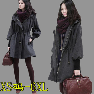 冬季中长款毛呢外套加厚加棉连帽斗篷大码女装胖MM200斤呢子大衣
