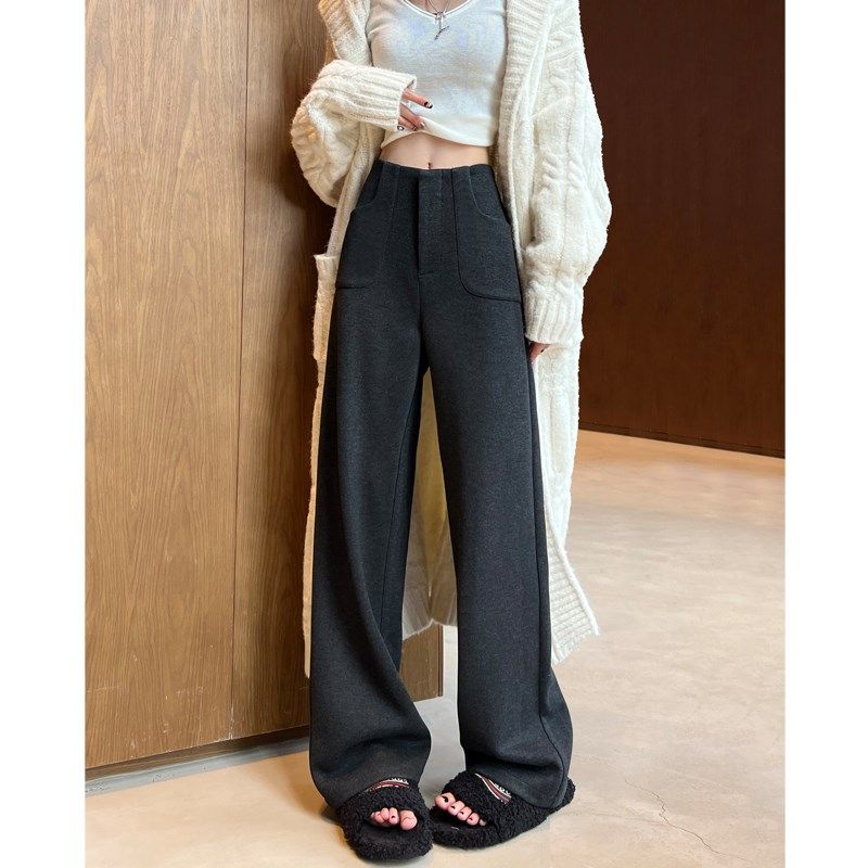 黑灰色窄版阔腿裤女秋冬加绒高腰垂感高级羊毛呢西装裤休闲直筒裤