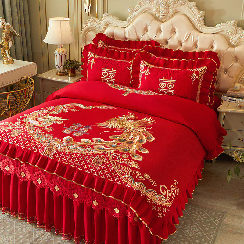 全棉床裙式大红色婚庆四件套纯棉喜庆1.8m床罩单双人被罩加厚床盖