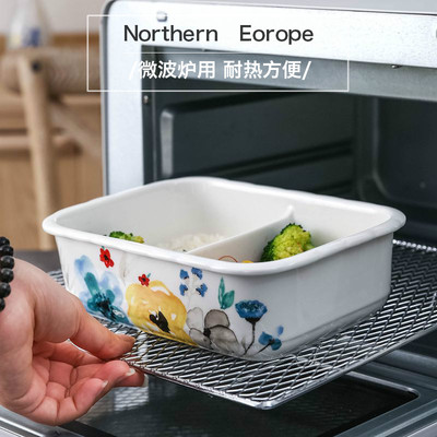 饭盒陶瓷带盖分格微波炉碗密封便当盒二格长方形学生上班族保鲜盒
