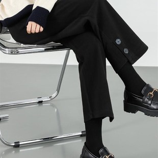 毛呢阔腿裤女秋冬季2024新款加绒加厚女裤子小个子直筒棕色西装裤