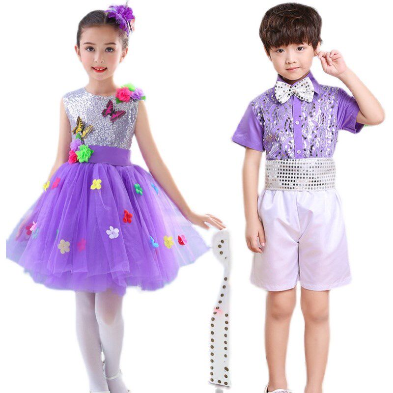 六一儿童演出服蓬蓬纱裙女幼儿园亮片舞蹈表演服玫红色紫色公主裙
