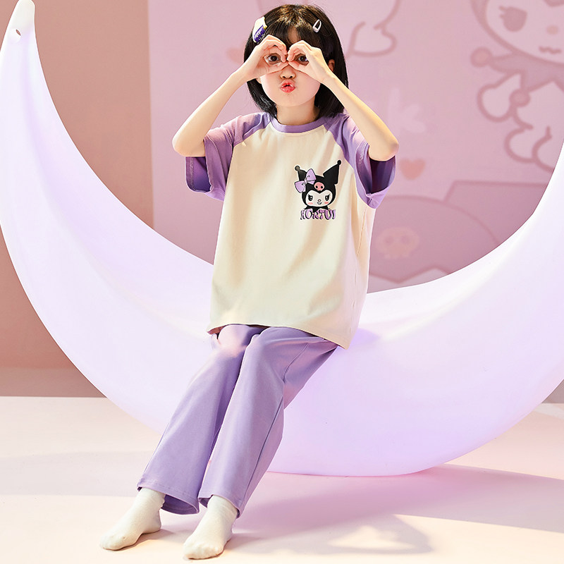 女童睡衣2023新款春夏季薄款儿童纯棉家居服女孩夏款短袖长裤夏天