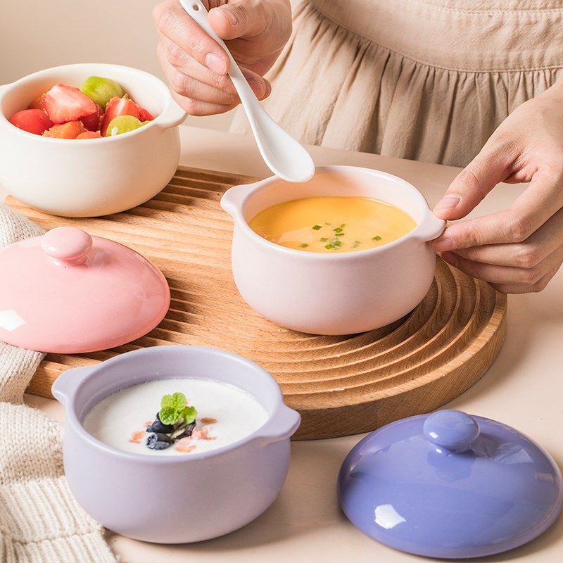 ezicok蒸蛋碗双耳炖盅带盖碗家用蛋羹碗陶瓷辅食碗耐高温烤碗小碗