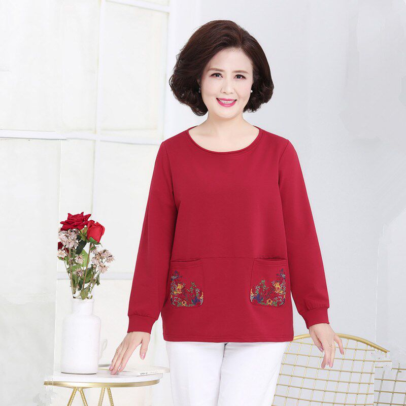 中老年女装秋装长袖t恤衫加肥加大码上衣外套妈妈装宽松纯棉卫衣5