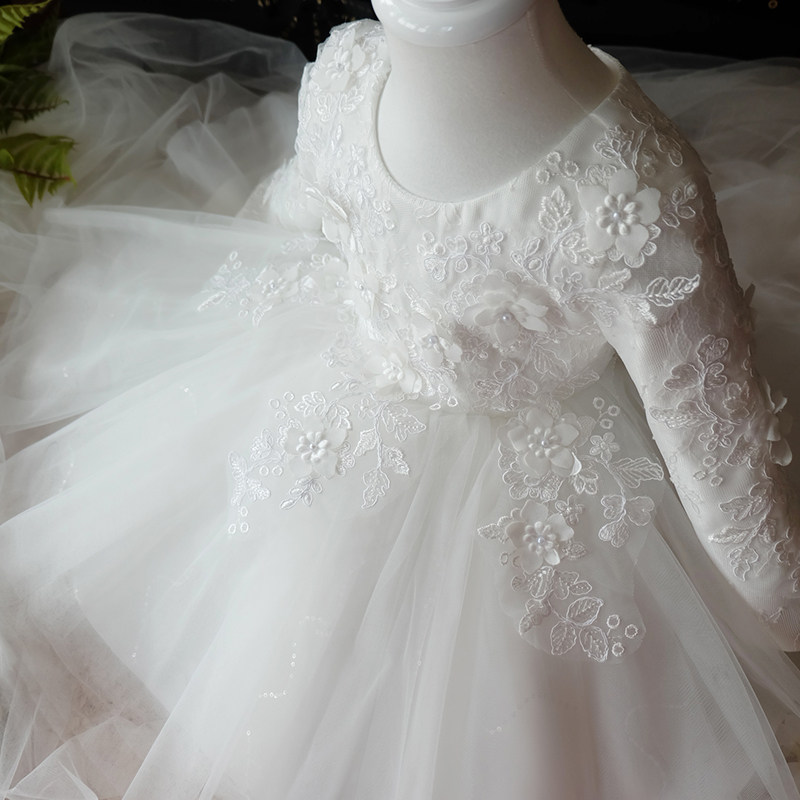 儿童礼服公主裙春秋女童蓬蓬纱裙花童婚礼小女孩生日礼服白色长袖