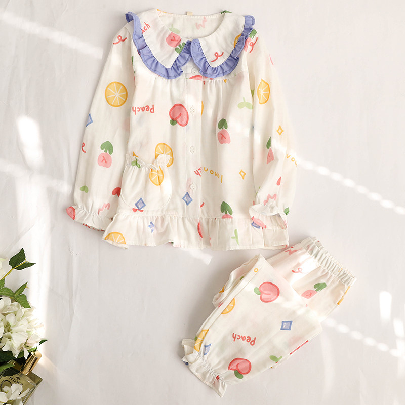 春夏女童儿童纯棉纱布睡衣长袖套装春秋薄款可爱娃娃领女孩家居服