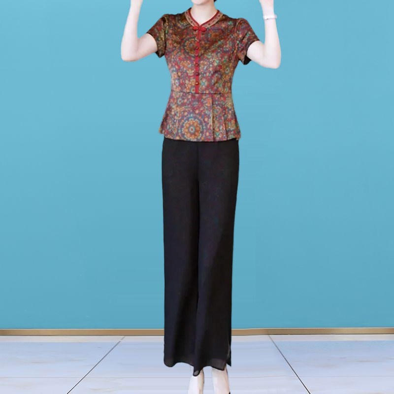 时尚真丝香云纱套装女士一整套夏季新款妈妈装中式国风旗袍两件套