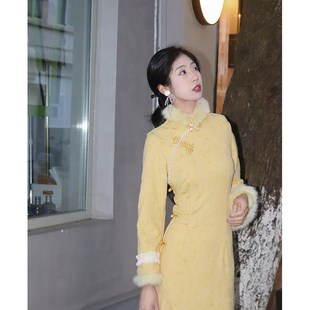 桑蕾新中式改良旗袍2024新款年轻高级感冬季加厚少女秋冬气质黄色