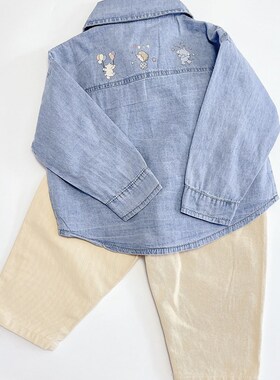 25新款日单小木马cottoli男孩宝宝儿童纯棉长裤长袖外套牛仔衬衫