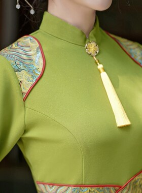 千百思新款走秀气质高端中国风鱼尾旗袍连衣裙复古主持演出服绿色