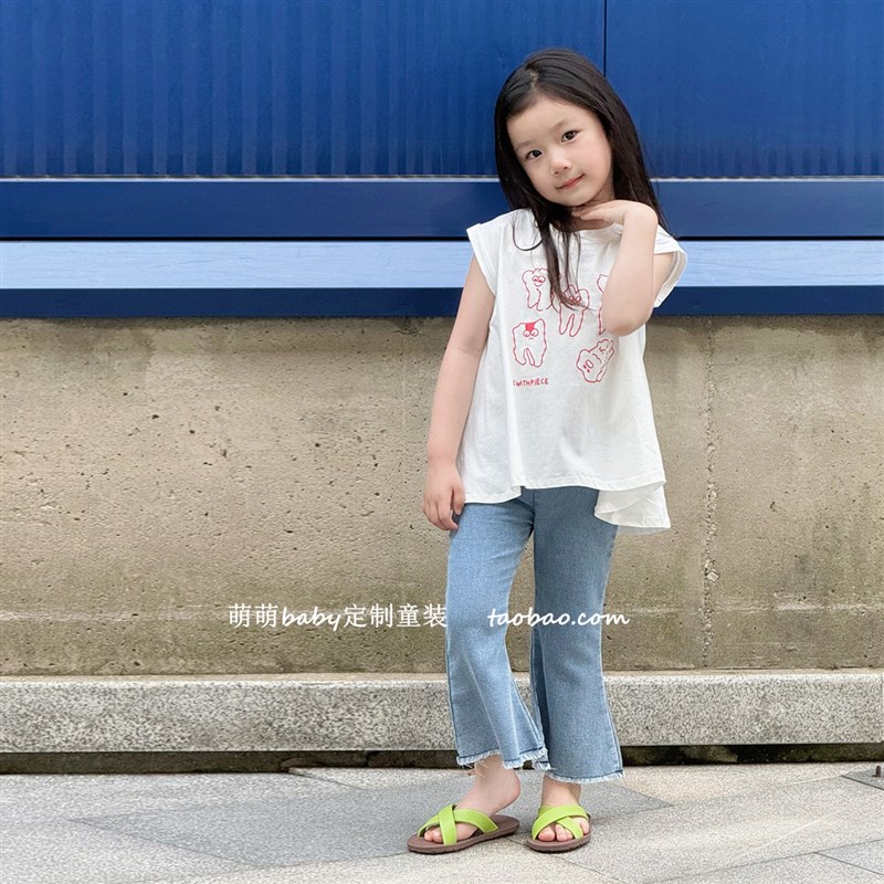 女童夏季薄款牛仔毛边喇叭裤2024新款儿童韩版浅色软糯牛仔裤子