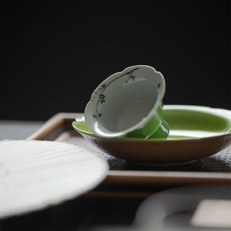 夏禾茶具釉下手绘高足品茗杯功夫茶具仿宋花口喝茶黄色绿色单茶杯