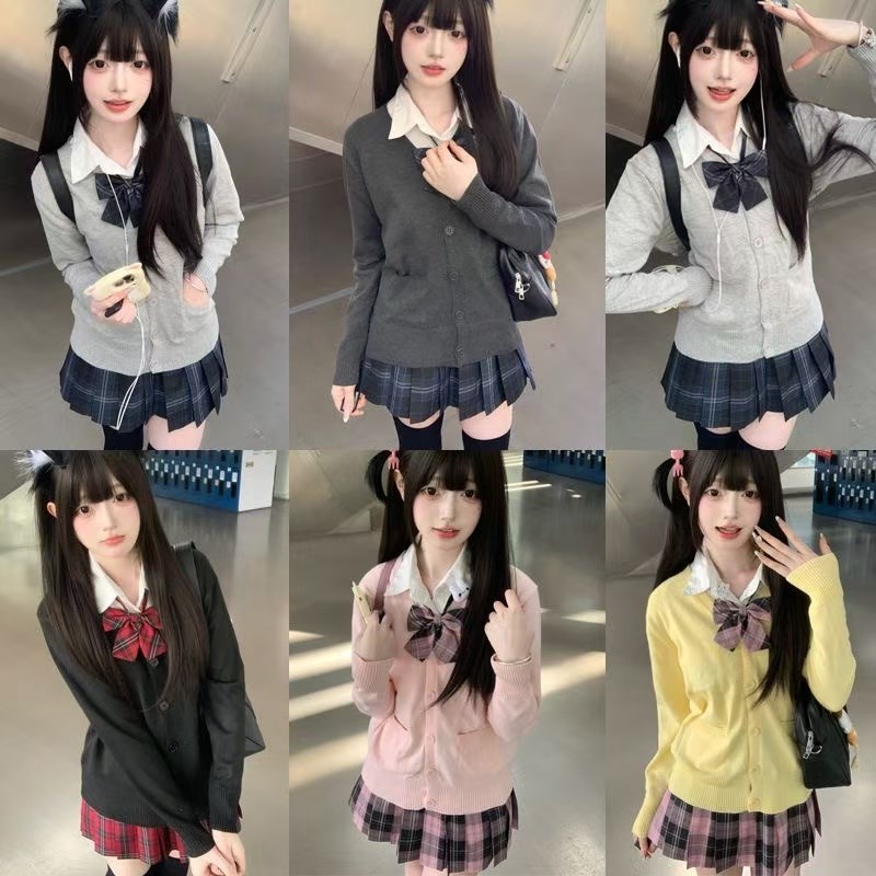 jk制服秋冬套装黄色针织开衫毛衣老头针织衫衬衫甜美格裙四件套女