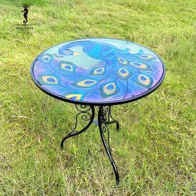 蓝绿孔雀玻璃铁艺茶几2款复古美式户外客厅装饰高款落地摆件