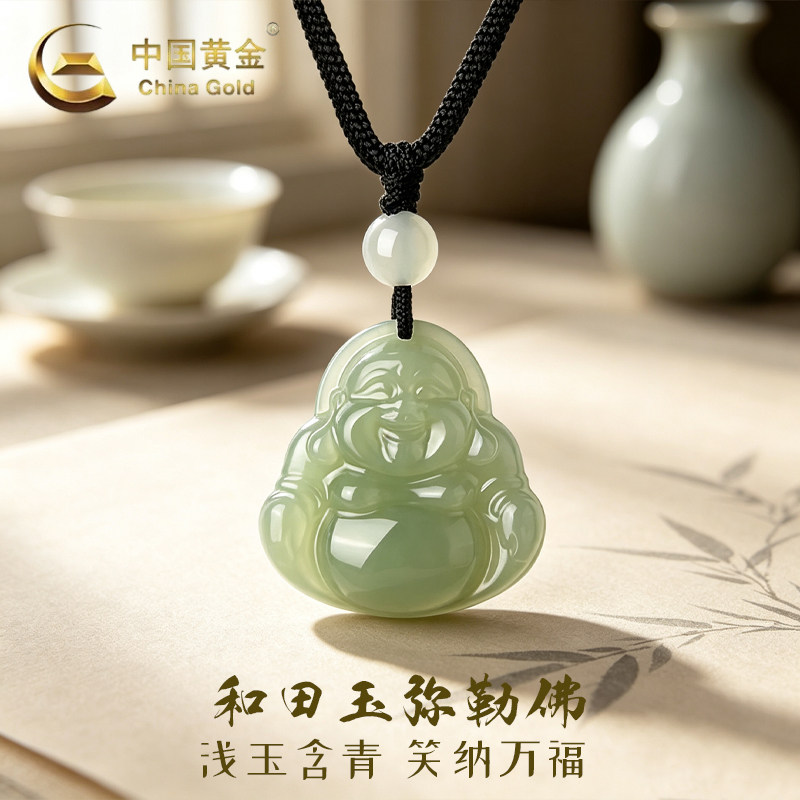 中国黄金和田玉佛公吊坠天然玉石弥勒佛牌项链生日礼物送女生