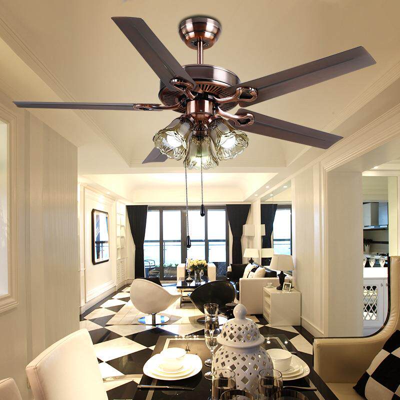 直销新款北欧风扇灯吊灯欧式铁叶吊扇灯具客厅木叶电灯带灯变频无