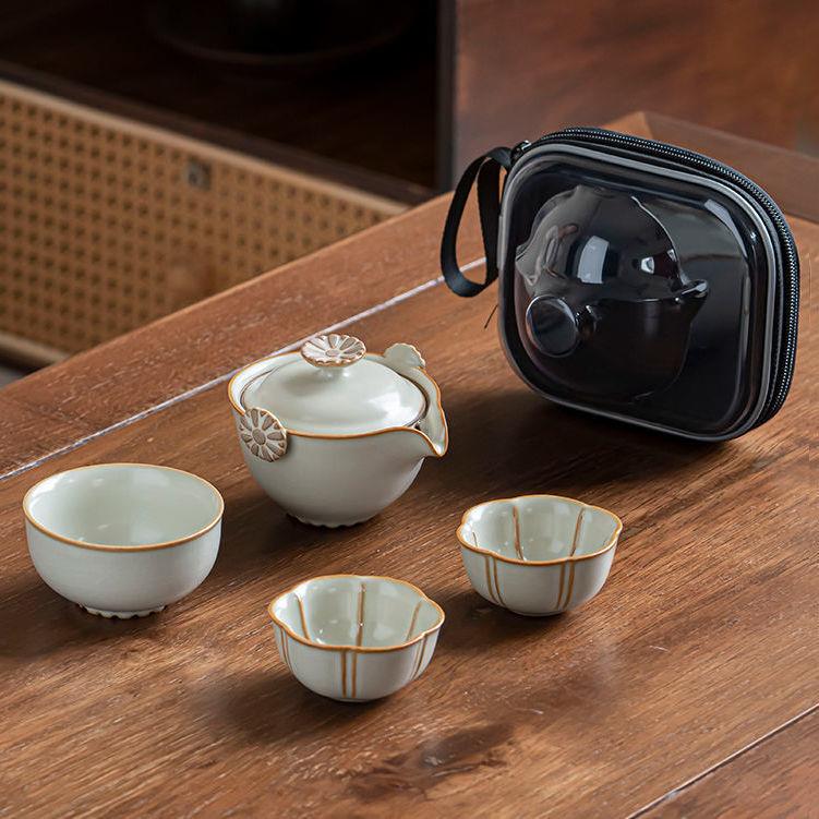 直销新款高档汝窑旅行茶具套装便携包小套户外泡茶茶壶茶杯陶瓷快