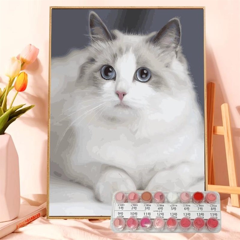热销数字油画diy宠物猫咪照片定制手工填色油彩画手绘丙烯装饰画图片